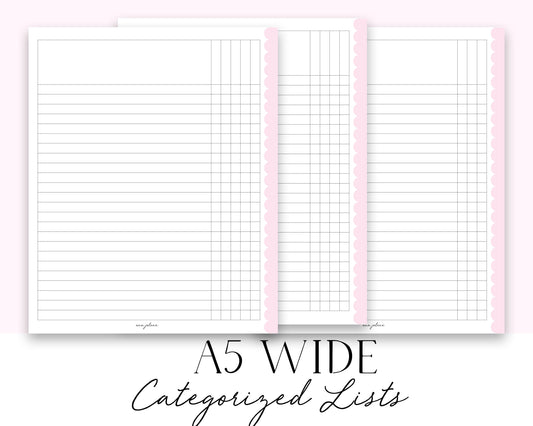 A5 Wide Categorized Lists Printable