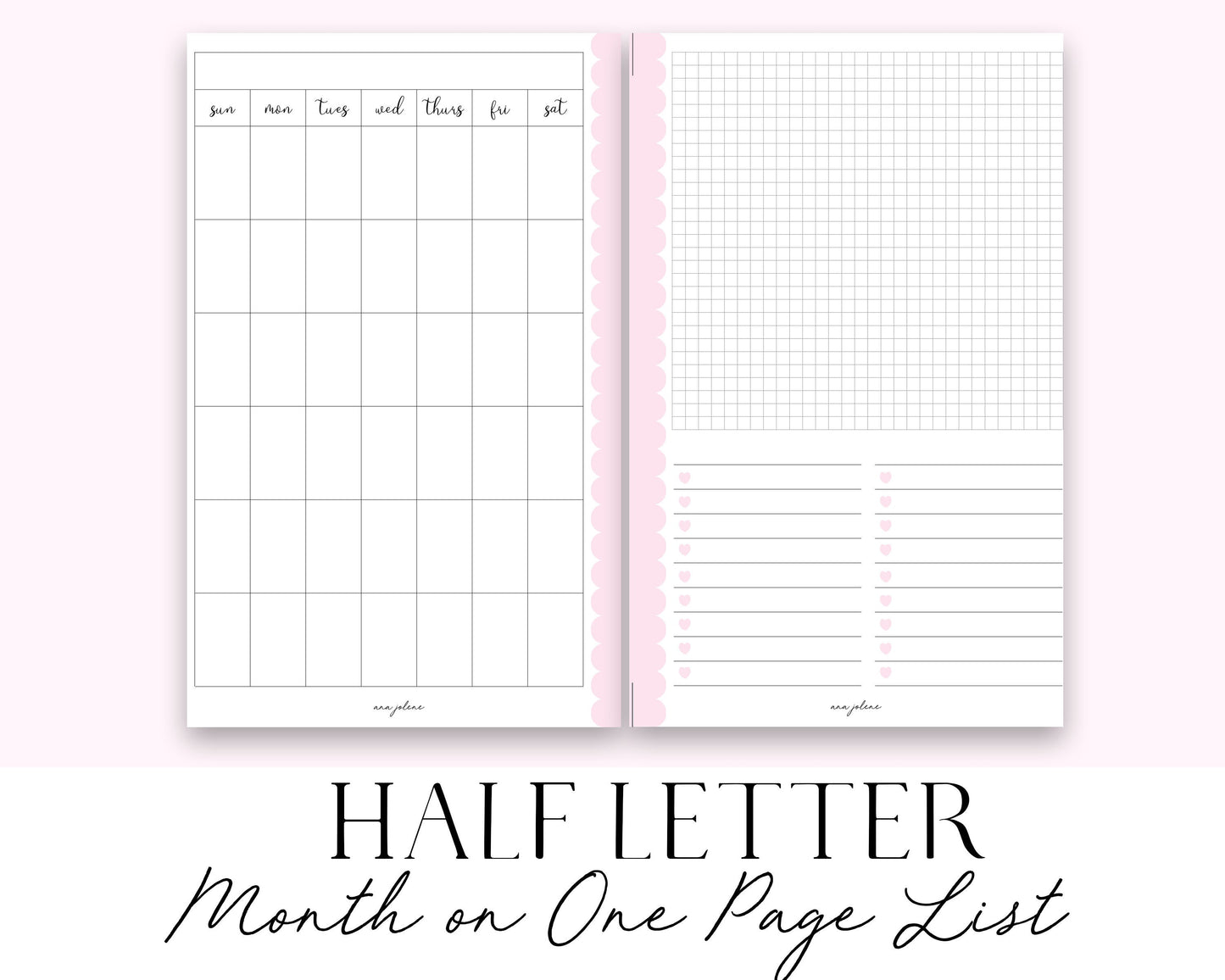 Half Letter Month on One Page List SUN start Printable