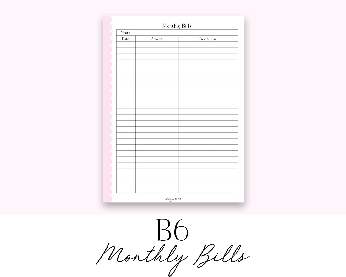 B6 Rings Monthly Bill Tracker (Budget) (Finance Planner) Printable