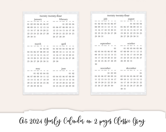A5 2024 Yearly Calendar on 2 pages Classic Gray (Full Page Printable Stickers)