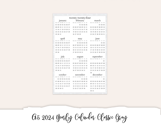 A5 2024 Yearly Calendar Classic Gray (Full Page Printable Stickers)