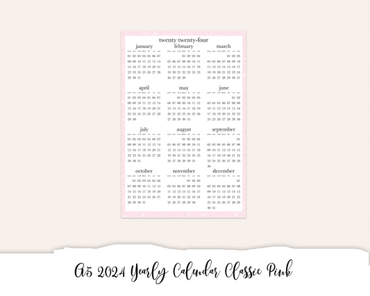 A5 2024 Yearly Calendar Classic Pink (Full Page Printable Stickers)