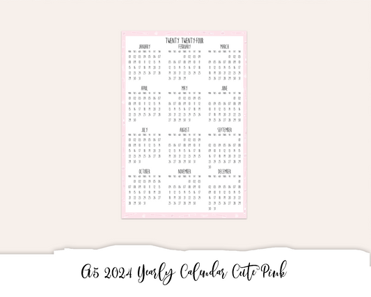 A5 2024 Yearly Calendar Cute Pink (Full Page Printable Stickers)