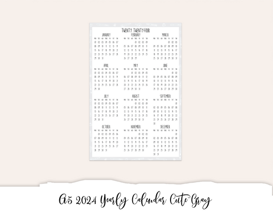 A5 2024 Yearly Calendar Cute Gray (Full Page Printable Stickers)