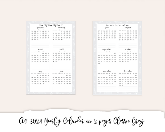 A6 2024 Yearly Calendar on 2 pages Classic Gray (Full Page Printable Stickers)