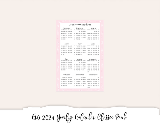 A6 2024 Yearly Calendar Classic Pink (Full Page Printable Stickers)