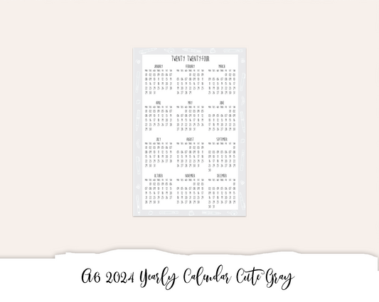 A6 2024 Yearly Calendar Cute Gray (Full Page Printable Stickers)