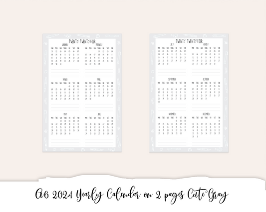 A6 2024 Yearly Calendar on 2 pages Cute Gray (Full Page Printable Stickers)