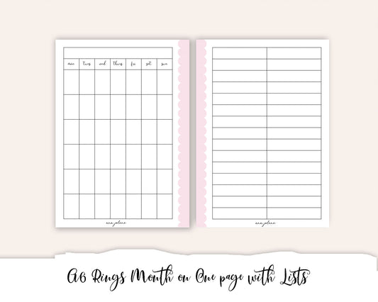 A6 Rings Month on One Page List MON start Printable