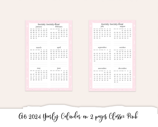 A6 2024 Yearly Calendar on 2 pages Classic Pink (Full Page Printable Stickers)