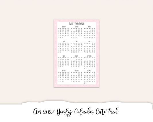 A6 2024 Yearly Calendar Cute Pink (Full Page Printable Stickers)