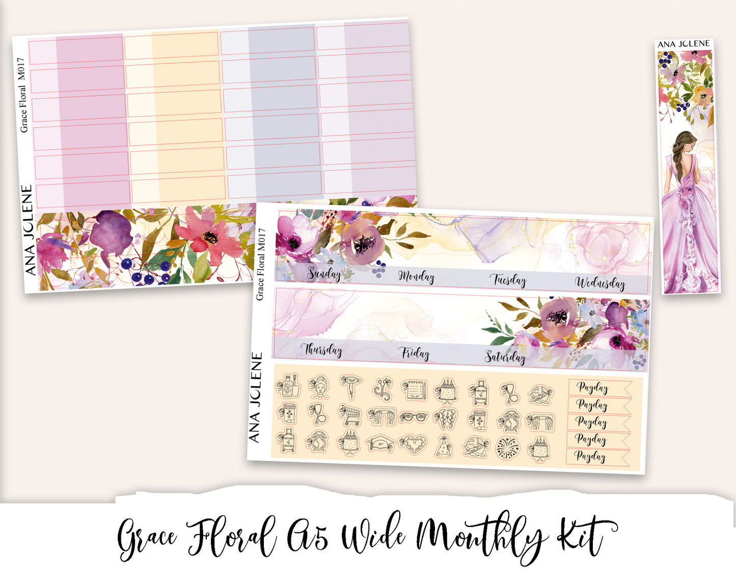 GRACE FLORAL Monthly Planner Sticker Kit (A5Wide)