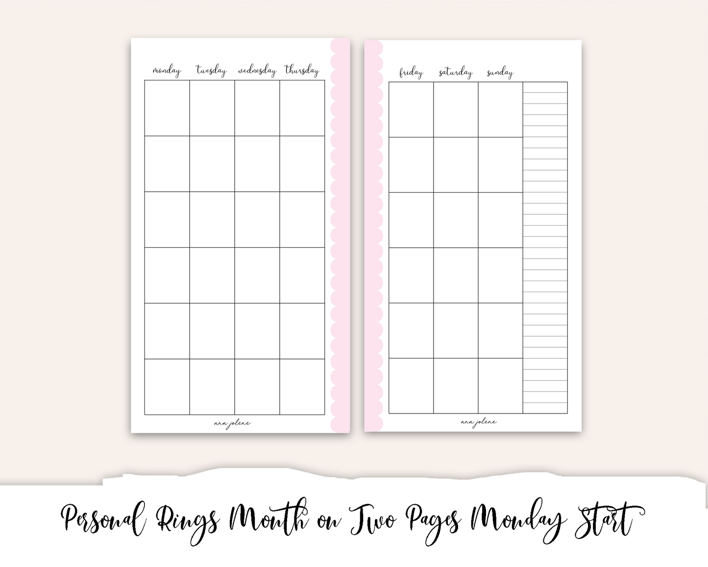 Personal Rings Month on Two Pages Printable