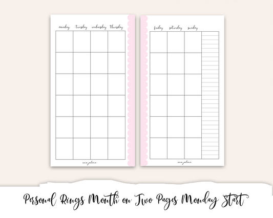 Personal Rings Month on Two Pages Printable