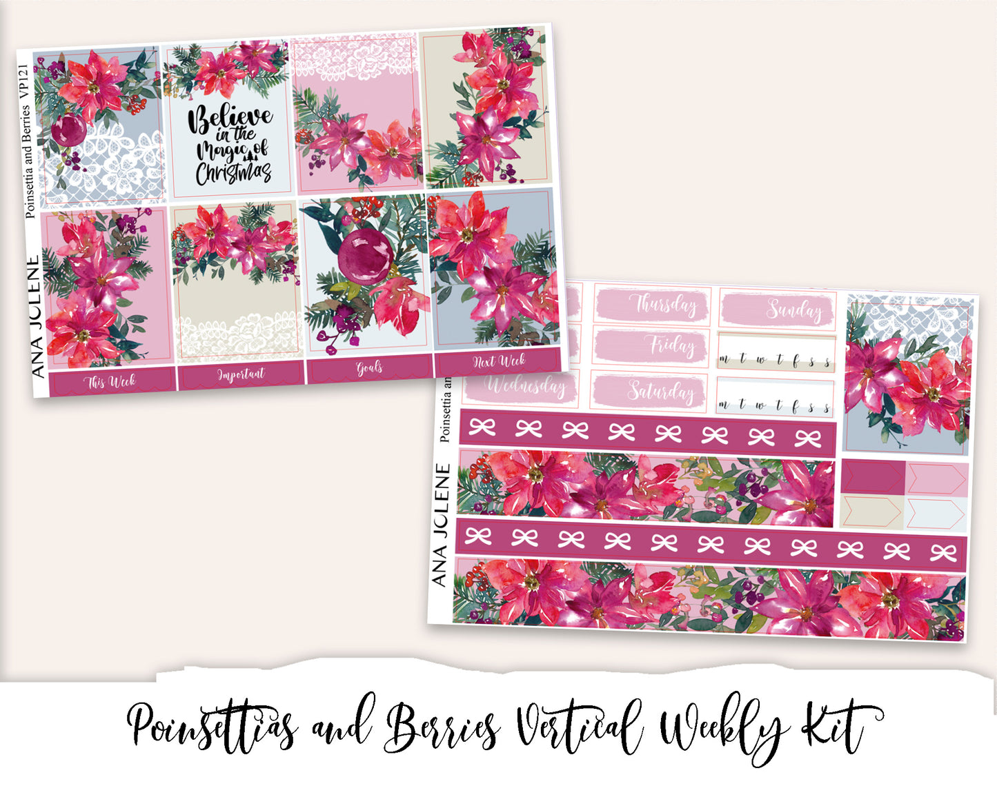 POINSETTIAS AND BERRIES Planner Sticker Kit (Vertical Weekly)