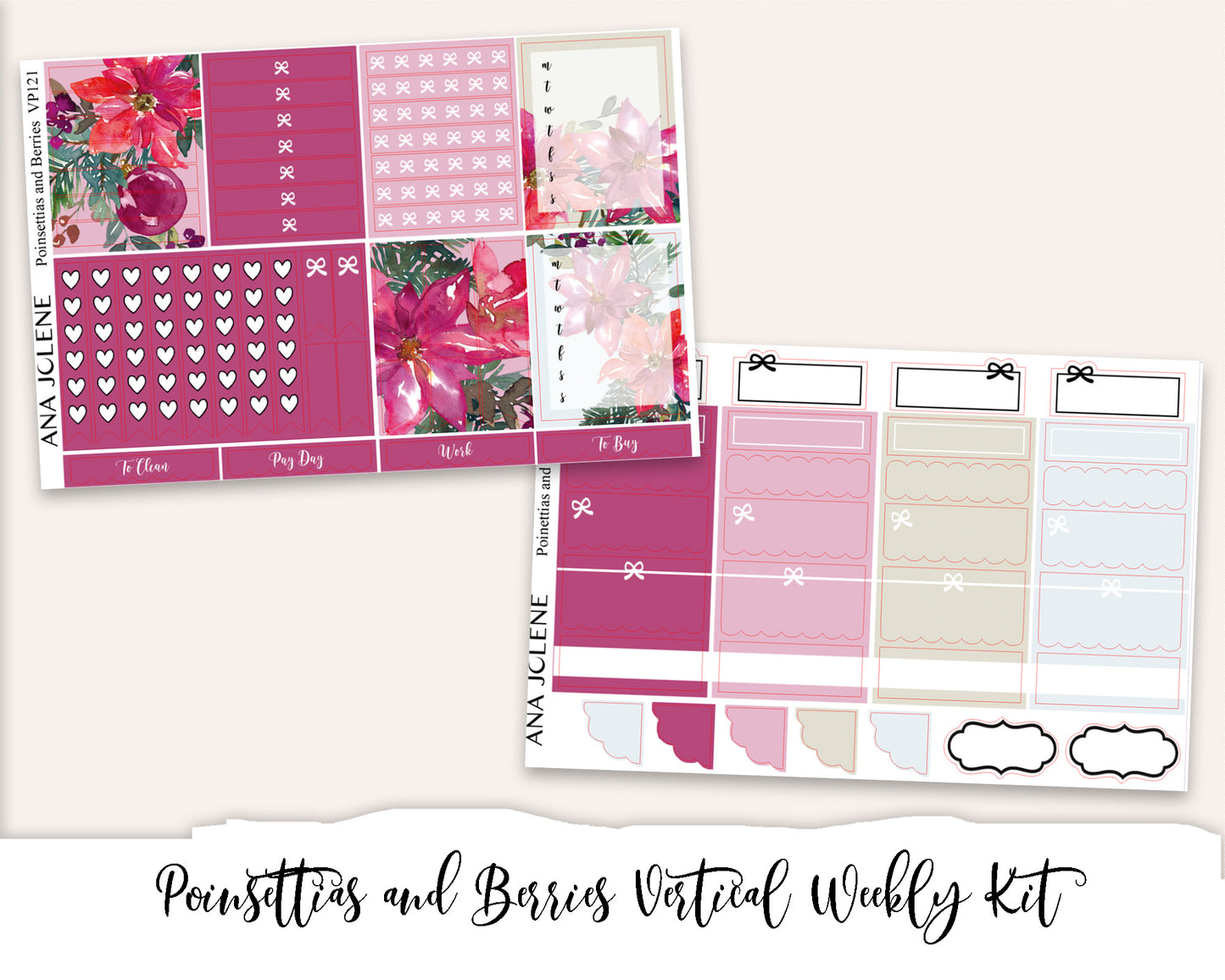 POINSETTIAS AND BERRIES Planner Sticker Kit (Vertical Weekly)