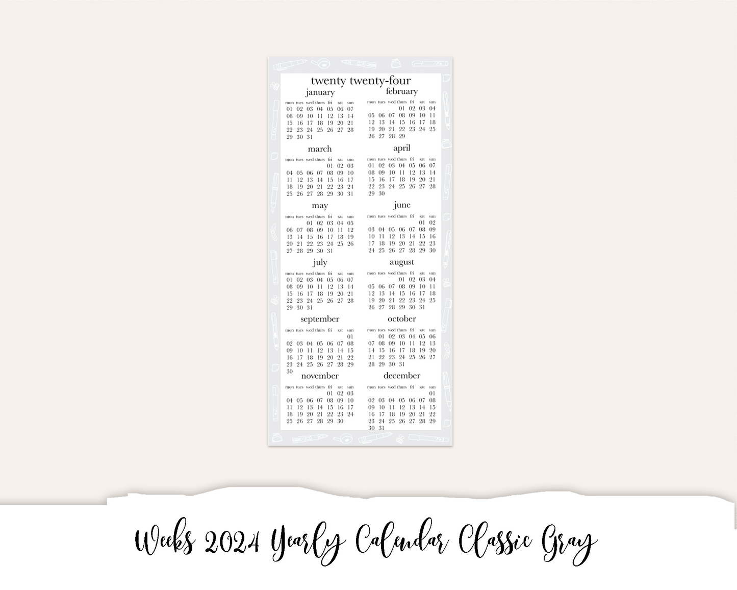 Weeks 2024 Yearly Calendar Classic Gray (Full Page Printable Stickers)