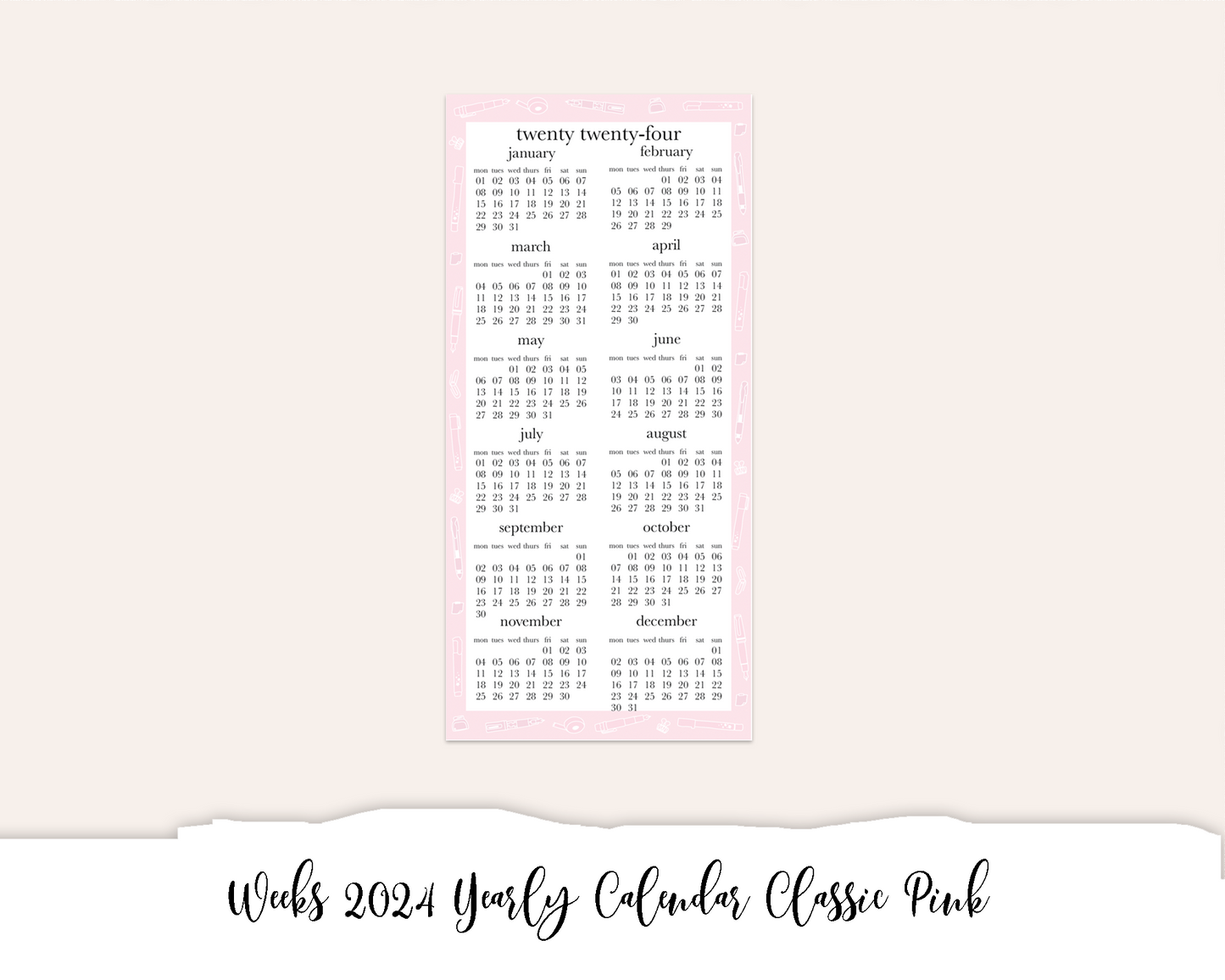 Weeks 2024 Yearly Calendar Classic Pink (Full Page Printable Stickers)