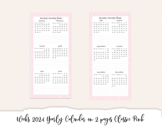 Weeks 2024 Yearly Calendar on 2 pages Classic Pink (Full Page Printable Stickers)