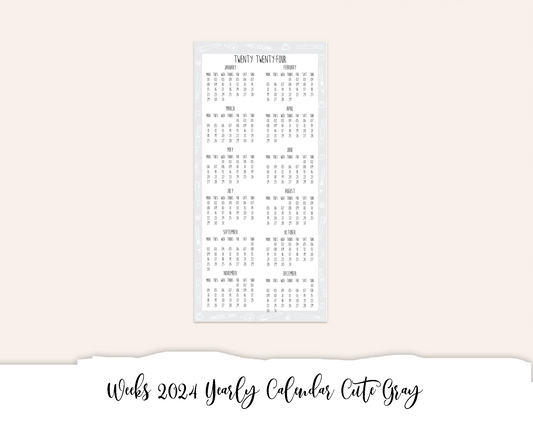 Weeks 2024 Yearly Calendar Cute Gray (Full Page Printable Stickers)