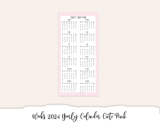 Weeks 2024 Yearly Calendar Cute Pink (Full Page Printable Stickers)