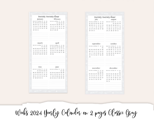 Weeks 2024 Yearly Calendar on 2 pages Classic Gray (Full Page Printable Stickers)