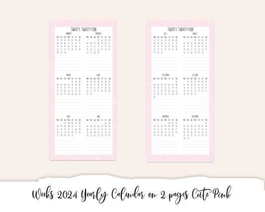 Weeks 2024 Yearly Calendar on 2 pages Cute Pink (Full Page Printable Stickers)