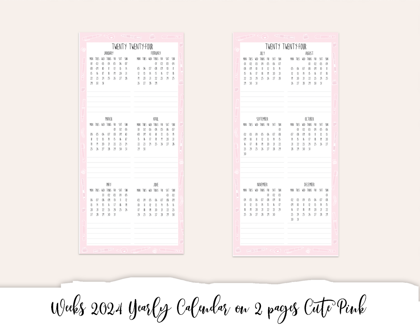 Weeks 2024 Yearly Calendar on 2 pages Cute Pink (Full Page Printable Stickers)