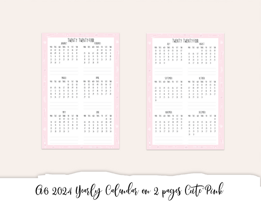 A6 2024 Yearly Calendar on 2 pages Cute Pink (Full Page Printable Stickers)