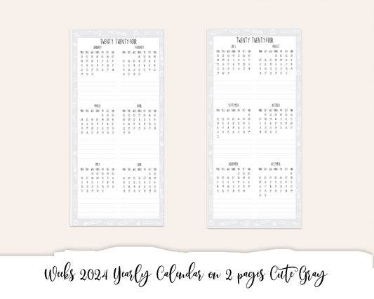 Weeks 2024 Yearly Calendar on 2 pages Cute Gray (Full Page Printable Stickers)