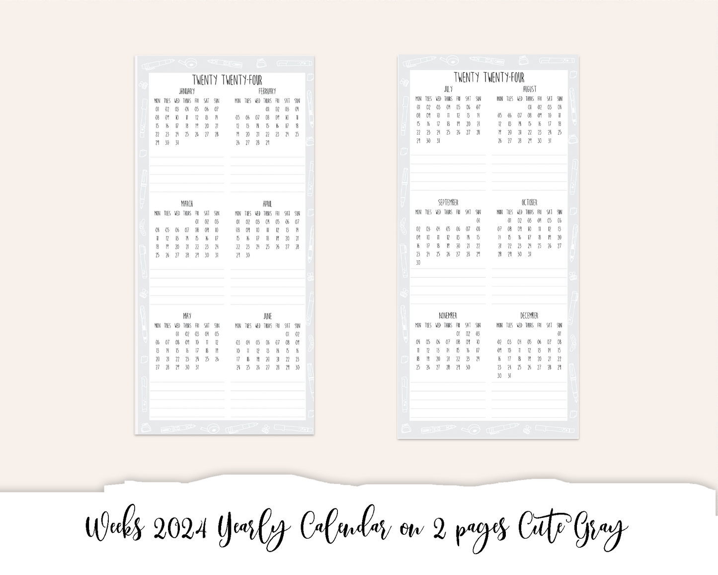 Weeks 2024 Yearly Calendar on 2 pages Cute Gray (Full Page Printable Stickers)