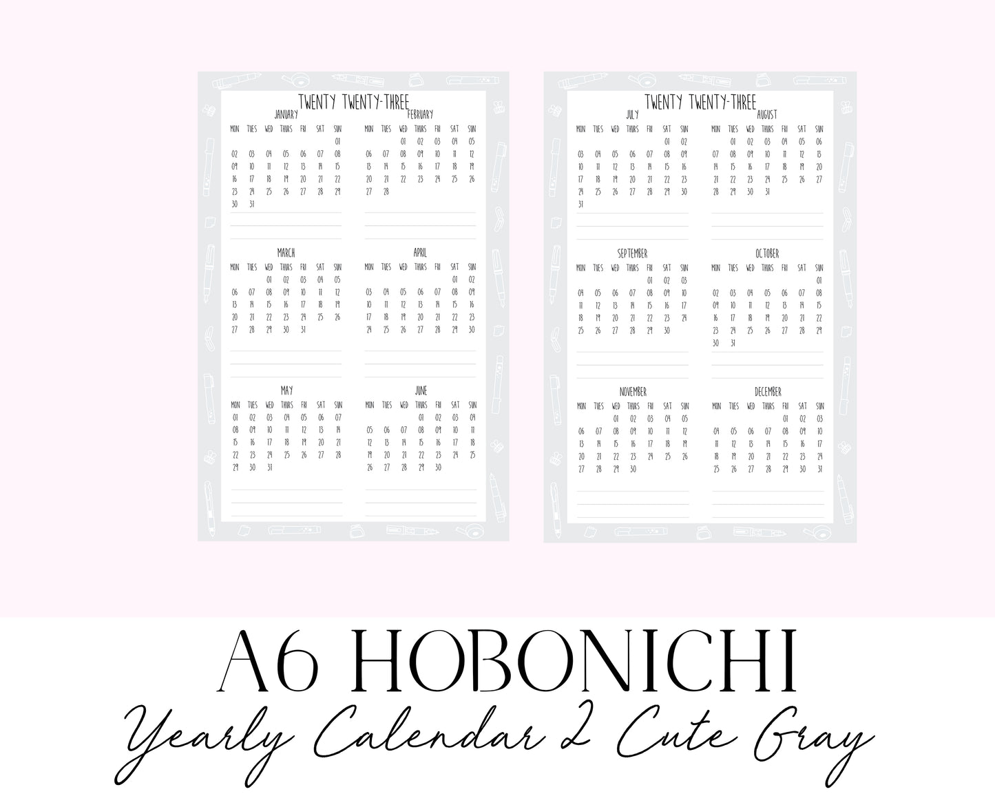 A6 Hobonichi 2023 Yearly Calendar 2 Cute Gray (Full Page Printable Stickers)