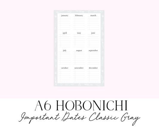 A6 Hobonichi Important Dates Classic Gray (Full Page Printable Stickers)