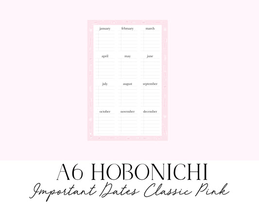 A6 Hobonichi Important Dates Classic Pink (Full Page Printable Stickers)