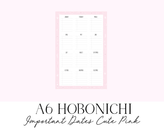 A6 Hobonichi Important Dates Cute Pink (Full Page Printable Stickers)