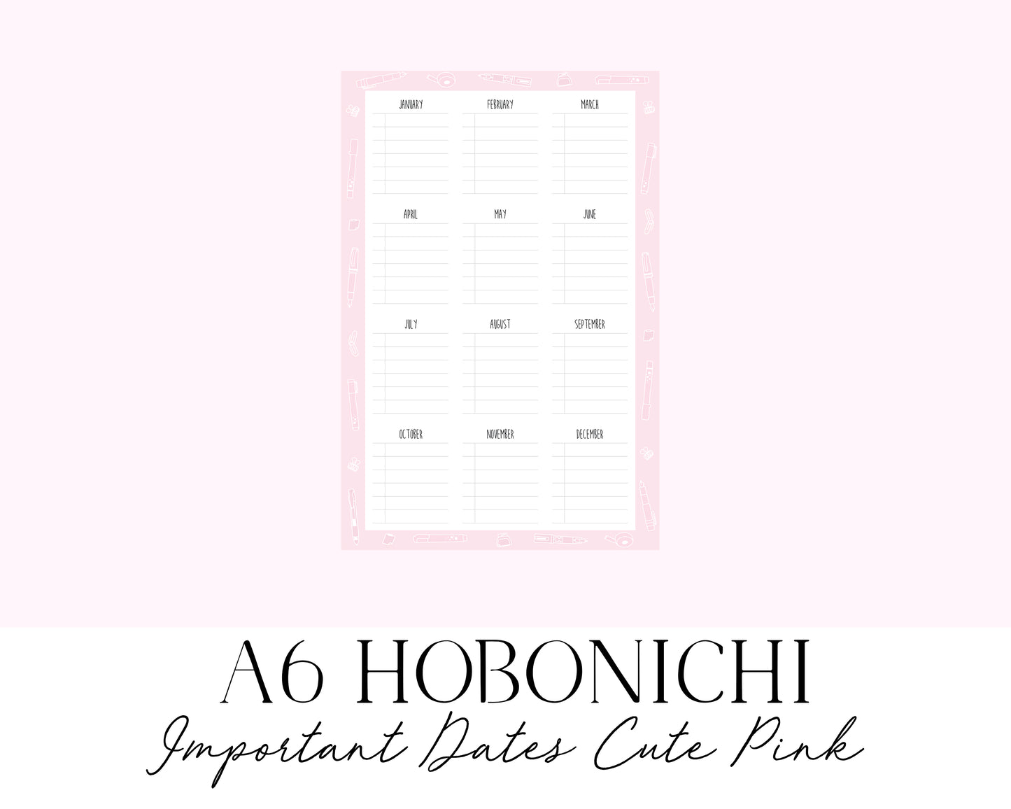 A6 Hobonichi Important Dates Cute Pink (Full Page Printable Stickers)