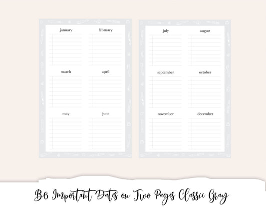 B6 Important Dates on 2 Pages Classic Gray (Full Page Printable Stickers)