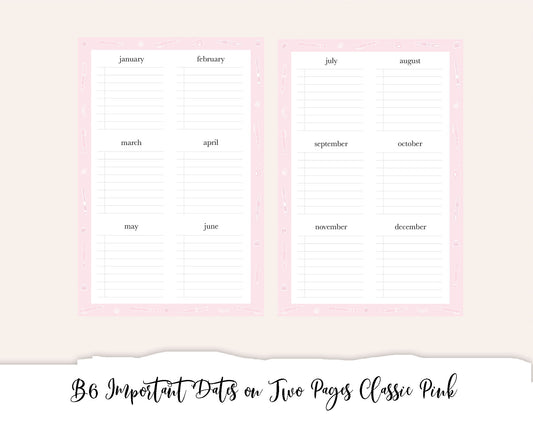 B6 Important Dates on 2 Pages Classic Pink (Full Page Printable Stickers)