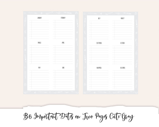 B6 Important Dates on 2 Pages Cute Gray (Full Page Printable Stickers)
