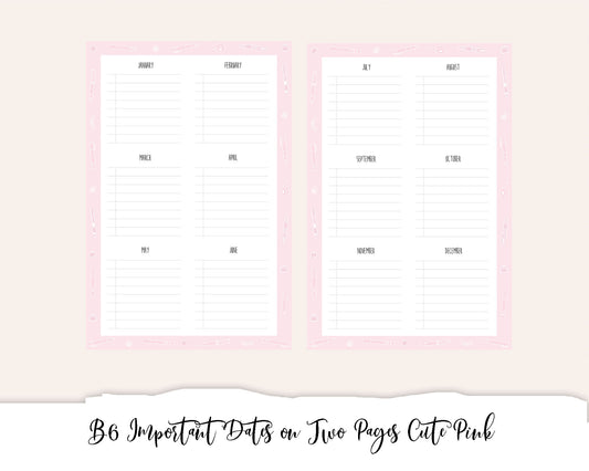 B6 Important Dates on 2 Pages Cute Pink (Full Page Printable Stickers)