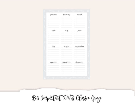 B6 Important Dates Classic Gray (Full Page Printable Stickers)