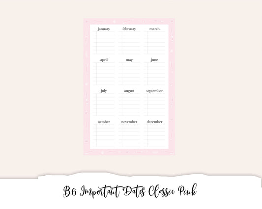 B6 Important Dates Classic Pink (Full Page Printable Stickers)