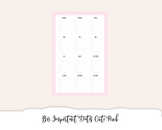 B6 Important Dates Cute Pink (Full Page Printable Stickers)