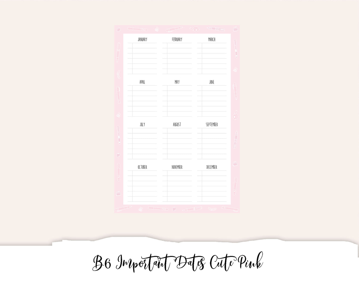 B6 Important Dates Cute Pink (Full Page Printable Stickers)