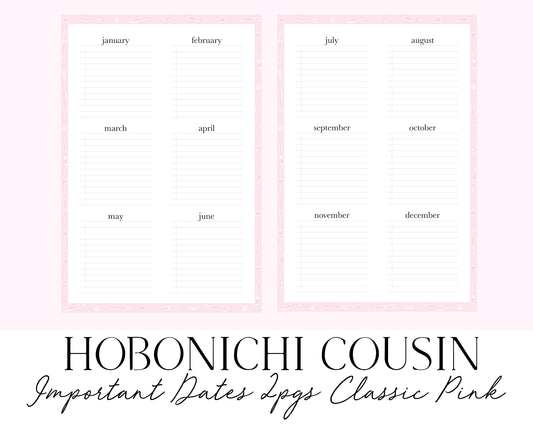Hobonichi Cousin A5 Important Dates 2pgs Classic Pink (Full Page Printable Stickers)