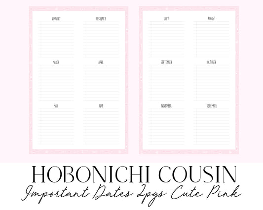 Hobonichi Cousin A5 Important Dates 2pgs Cute Pink (Full Page Printable Stickers)