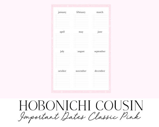 Hobonichi Cousin A5 Important Dates Classic Pink (Full Page Printable Stickers)