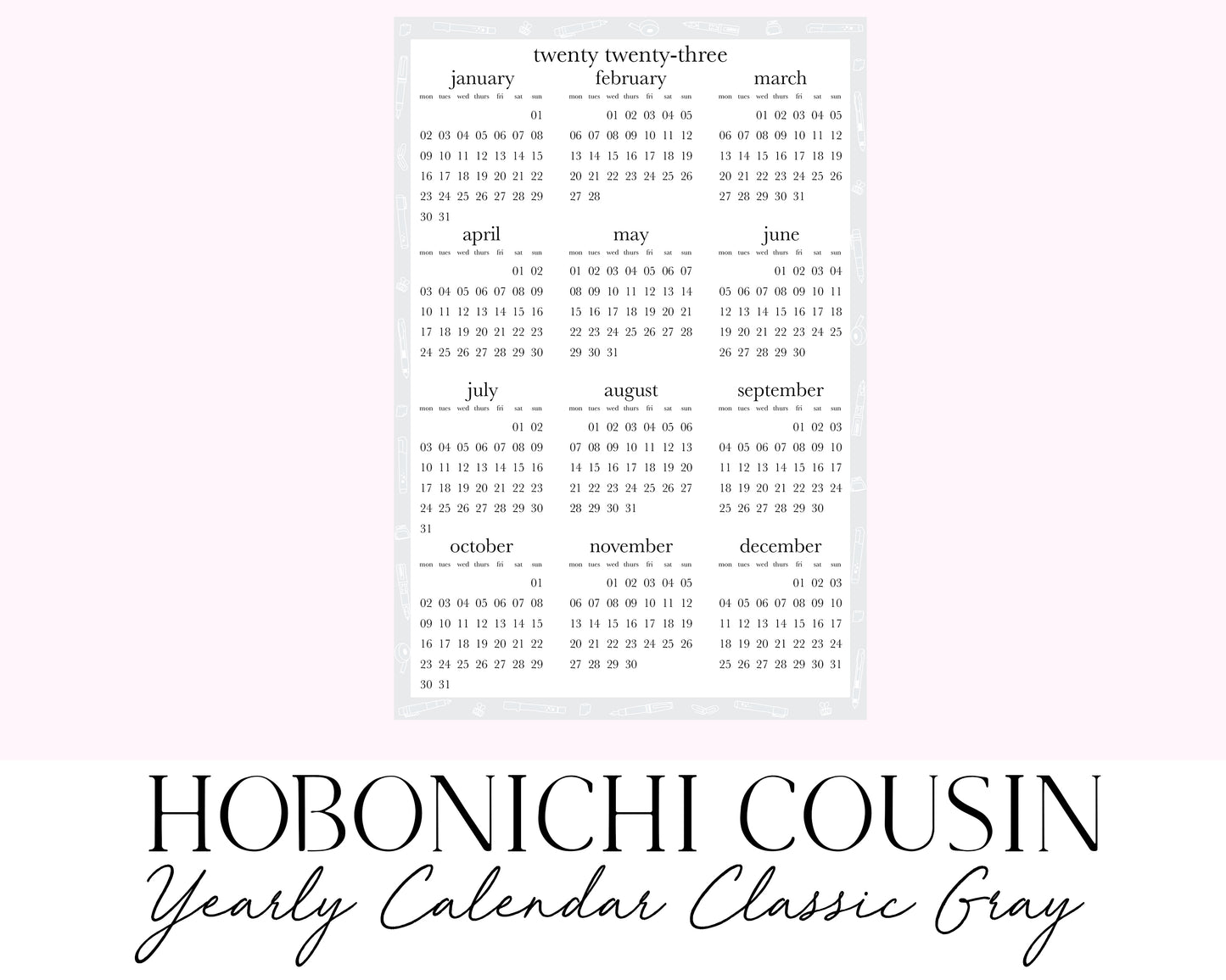 Hobonichi Cousin A5 2023 Yearly Calendar Classic Gray (Full Page Printable Stickers)