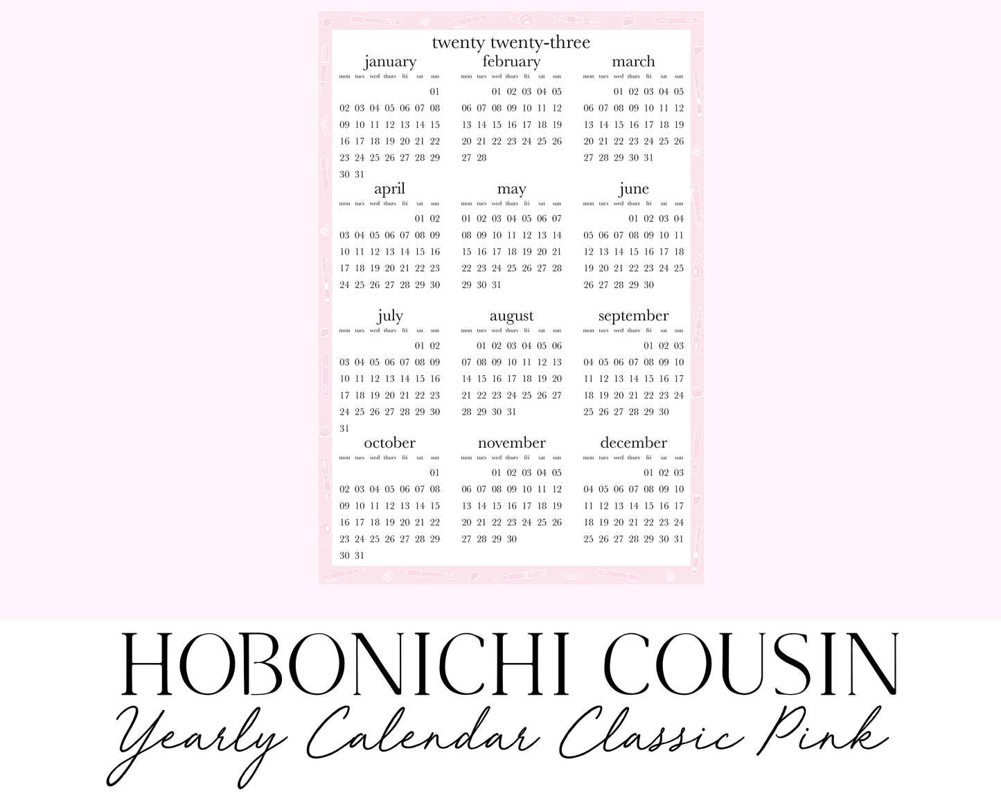 Hobonichi Cousin A5 2023 Yearly Calendar Classic Pink (Full Page Printable Stickers)