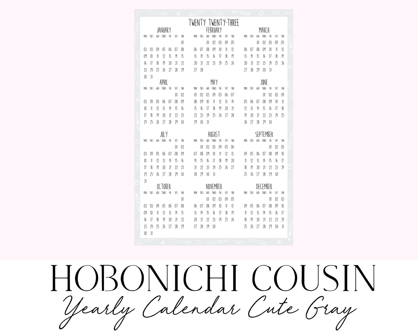 Hobonichi Cousin A5 2023 Yearly Calendar Cute Gray (Full Page Printable Stickers)